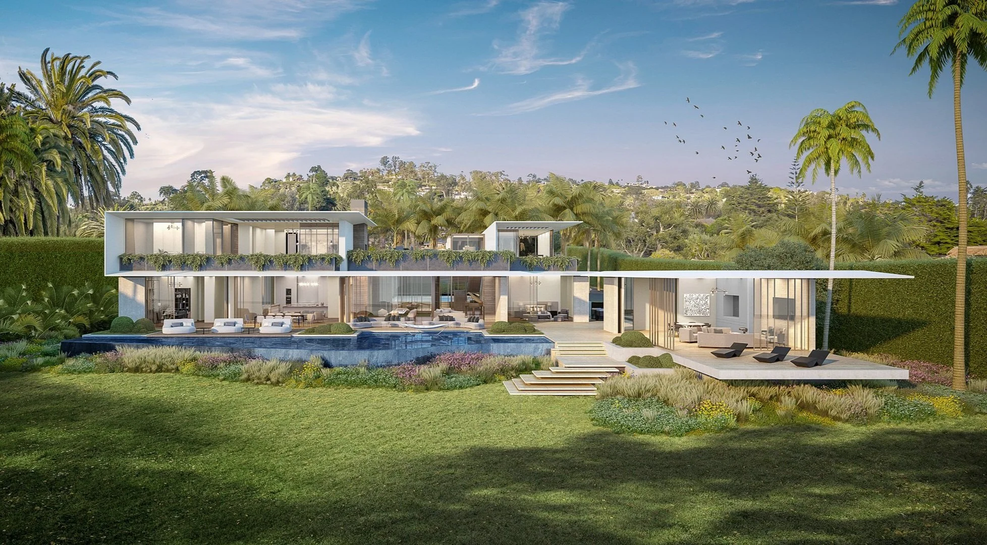 Luxurious modern mansion with large glass windows, surrounded by lush greenery and palm trees, featuring an outdoor pool and spacious patio areas.