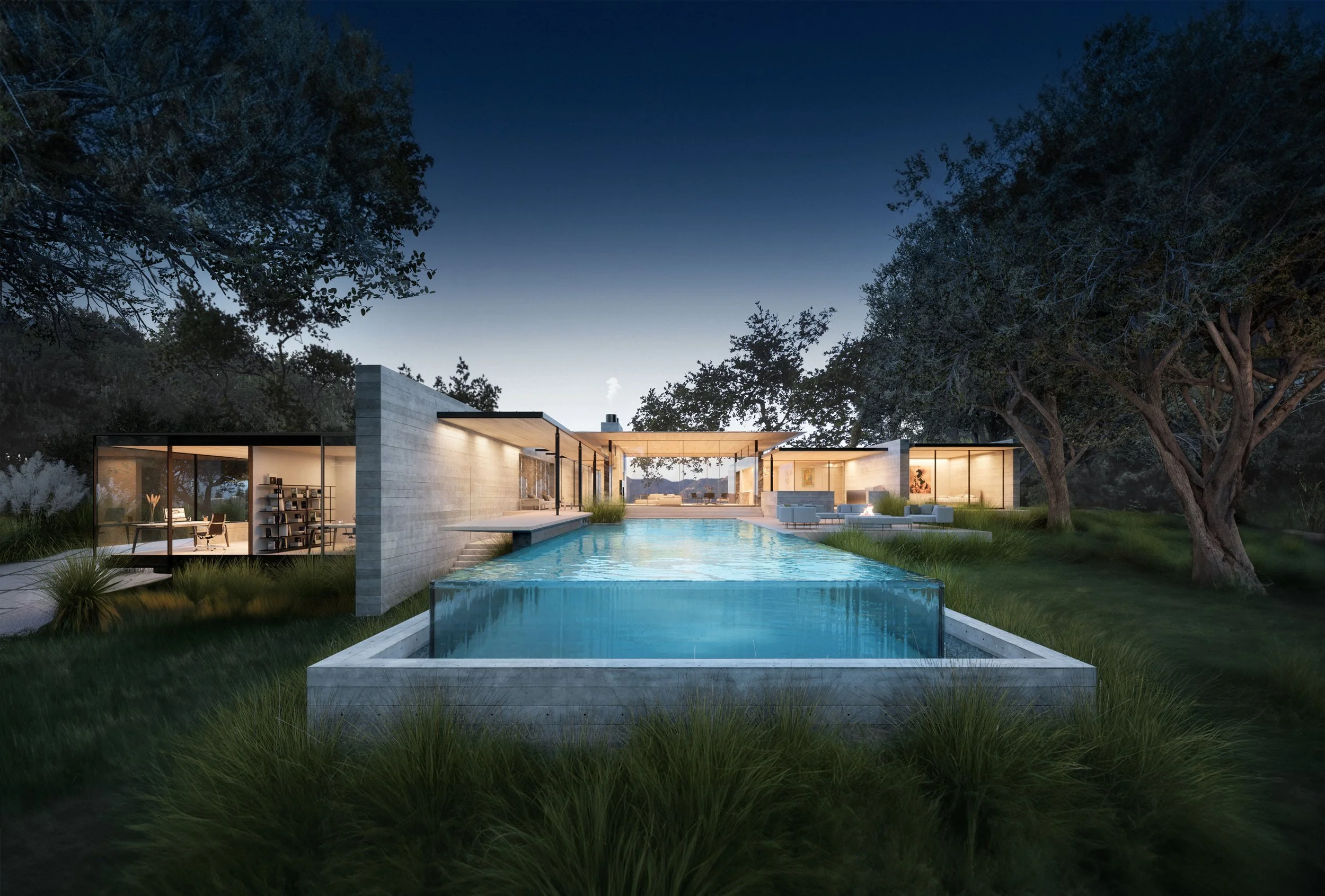 Modern luxury house with large pool and glass walls at dusk, surrounded by trees.