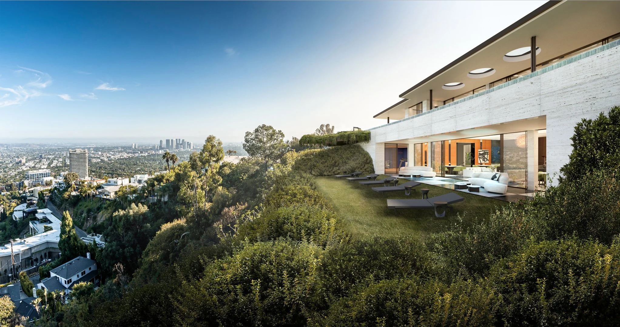 Modern hillside residence with outdoor lounge area and panoramic city views, designed by The Warner Group Architects, Inc.