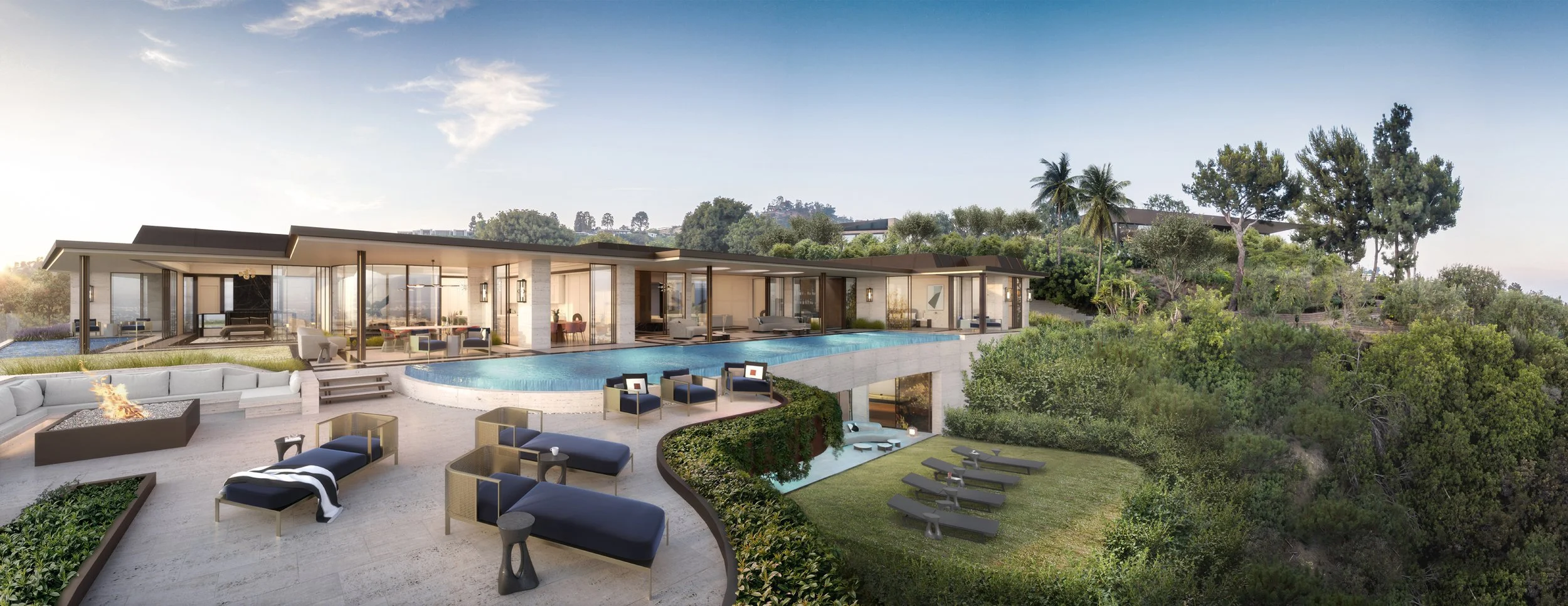 Modern luxury home with infinity pool and outdoor lounge area designed by The Warner Group Architects, Inc. surrounded by greenery and offering scenic hillside views.