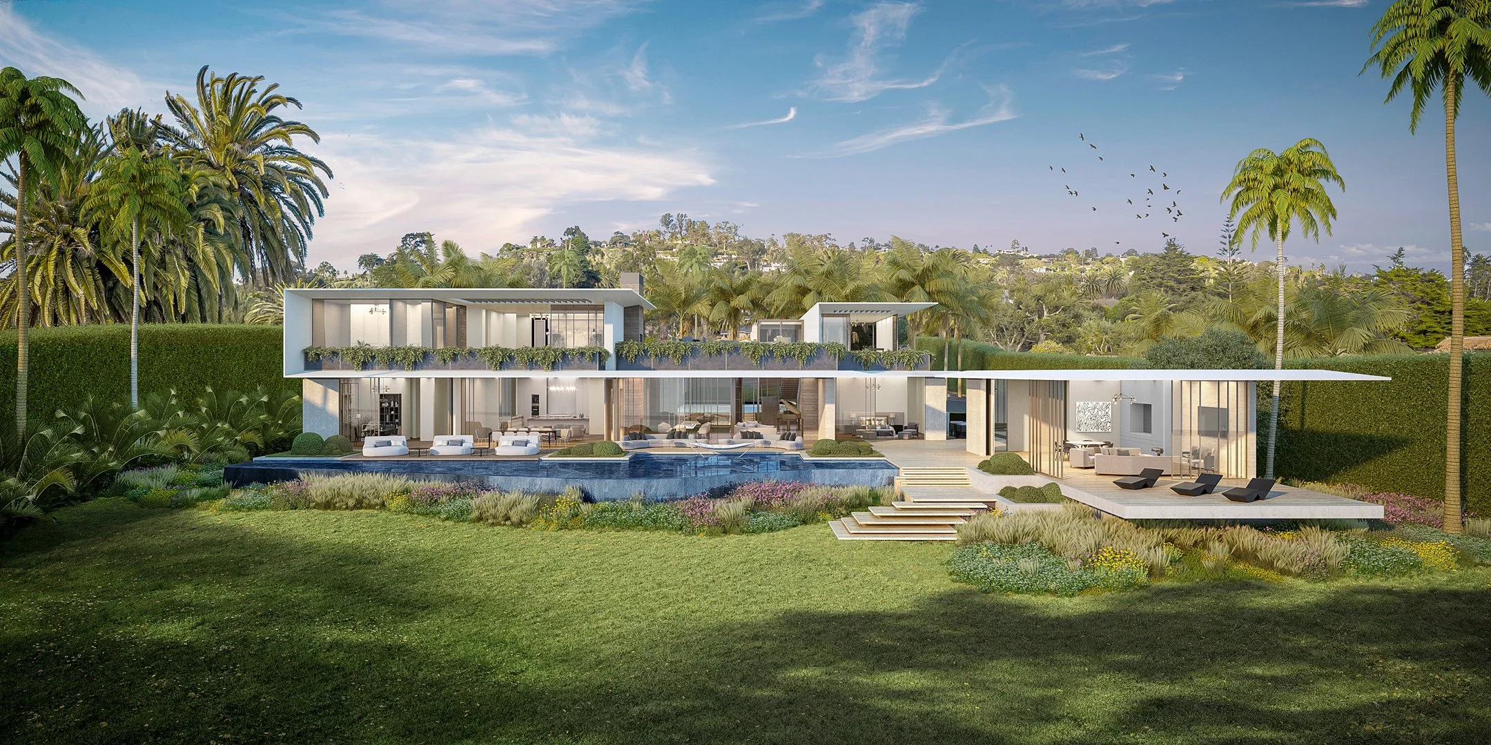 Modern two-story residence with large glass walls, expansive outdoor living areas, and a tiered garden.