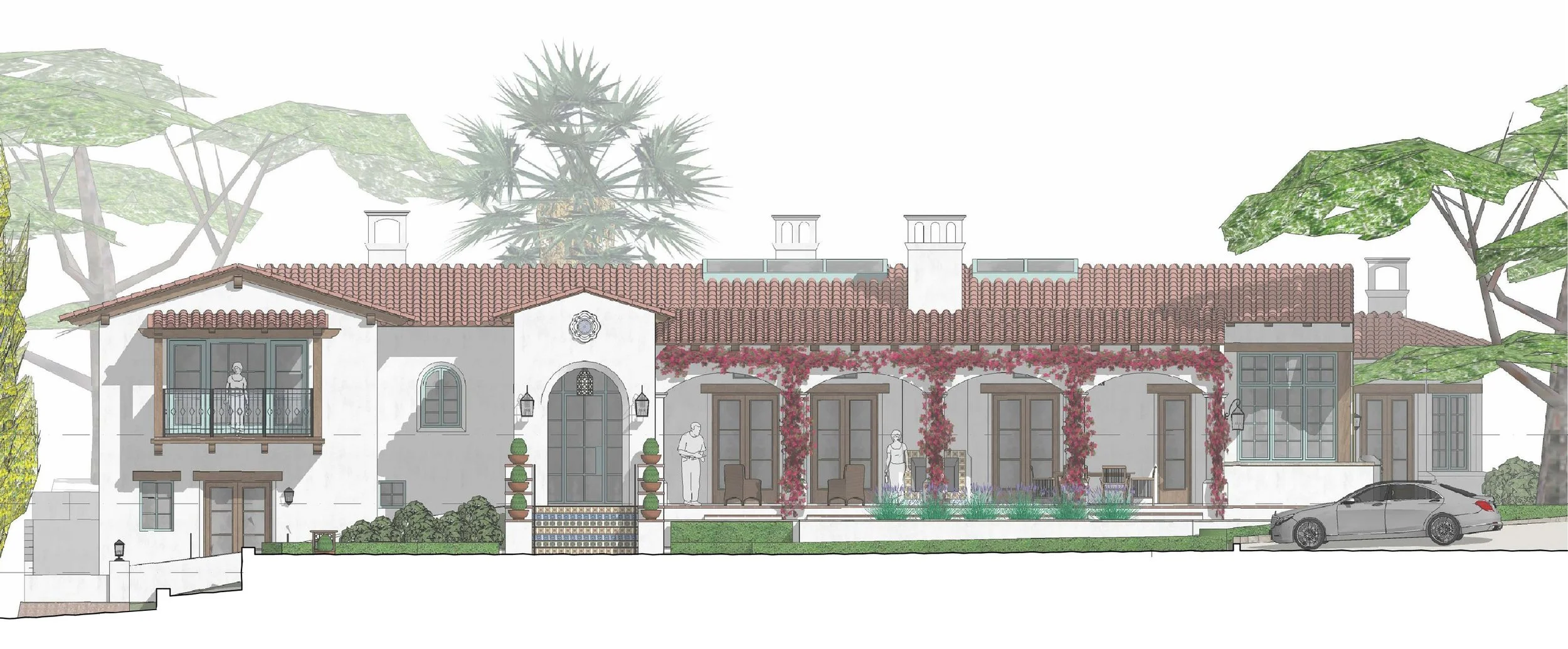 Architectural rendering of a Spanish-style residence featuring a red-tiled roof, arched entryways, and vine-covered columns on a front porch, designed with a focus on traditional details and Mediterranean influences.