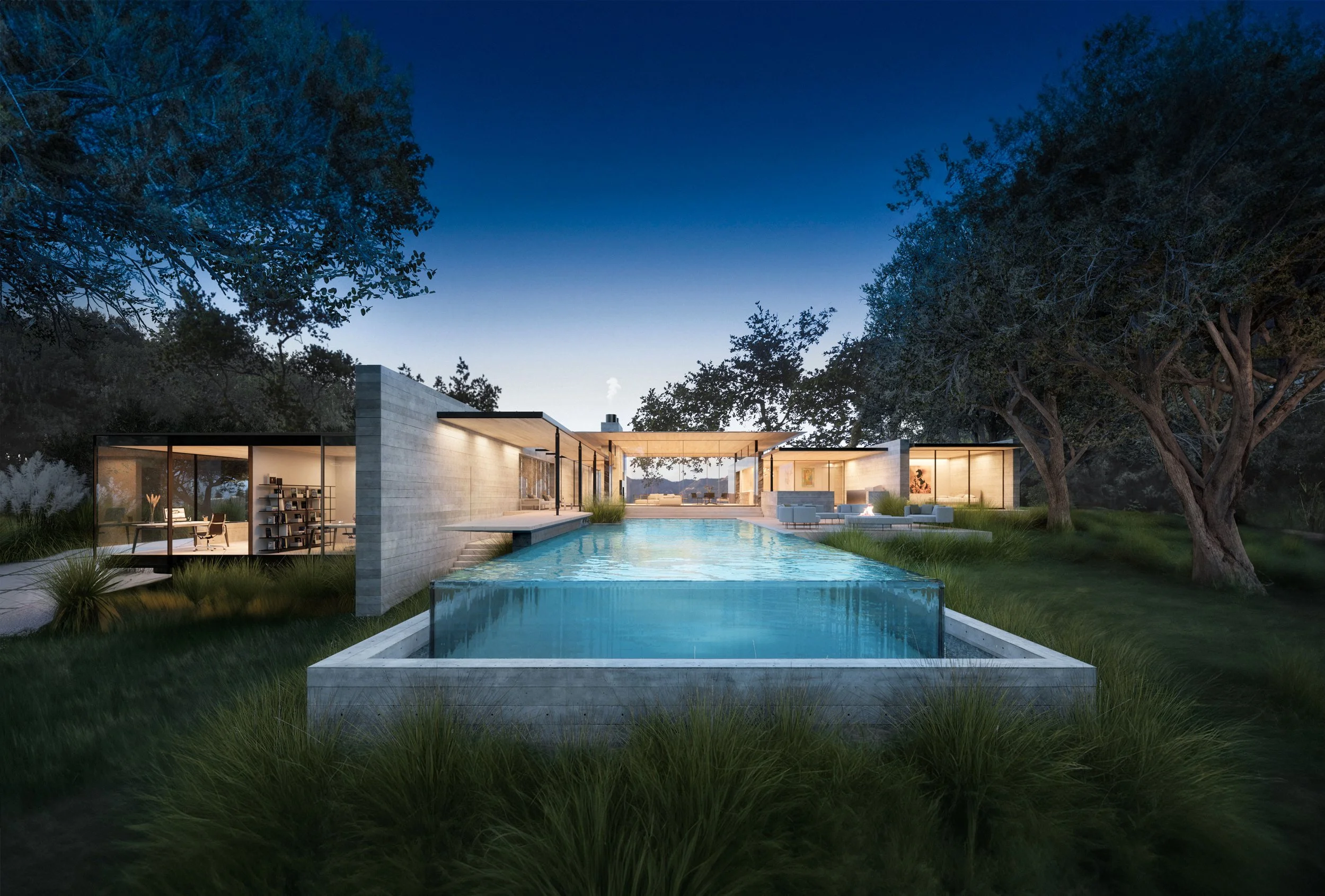 Modern house with large windows and an infinity pool at dusk surrounded by trees.