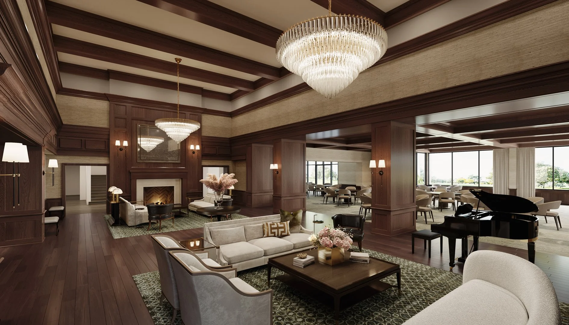 Luxurious hotel lounge with elegant chandeliers, comfortable sofas, a grand piano, and a large fireplace.