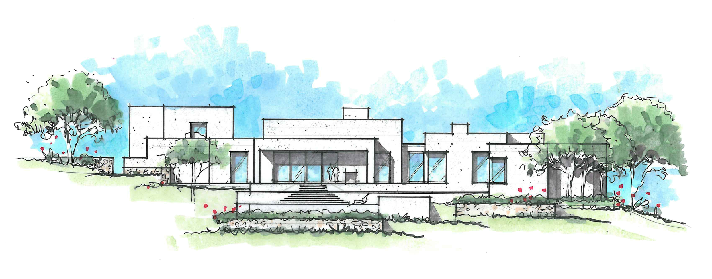 Architectural drawing of a modern residence designed by The Warner Group Architects, Inc., showcasing a minimalist structure with clean lines, surrounded by natural landscaping.