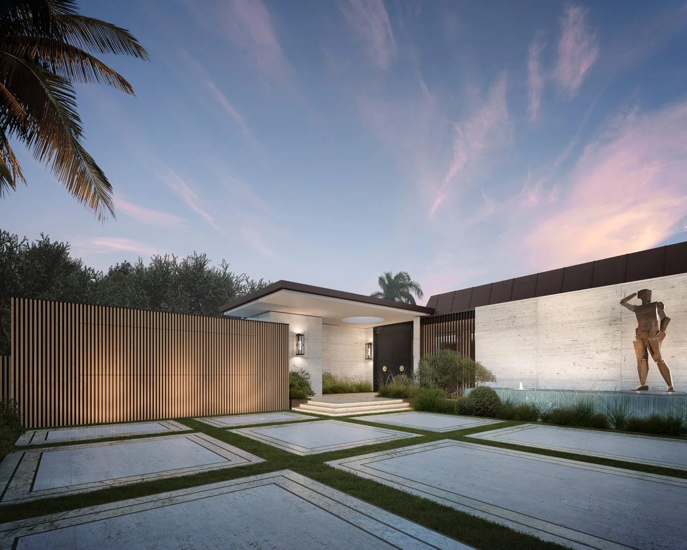 Modern minimalist home entrance at dusk with a geometric driveway, wood slatted privacy fence, and a large bronze sculpture on a textured stone wall.