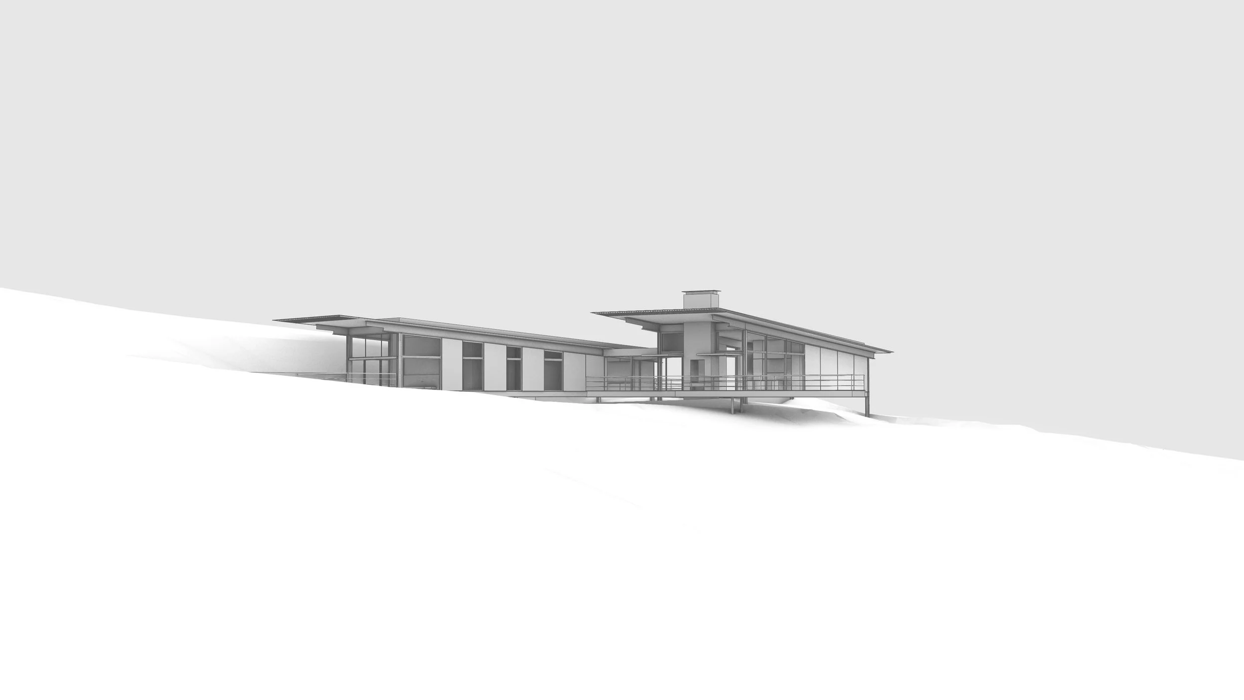 Modern architectural design of a house with sloped roofs and large windows on a hillside.