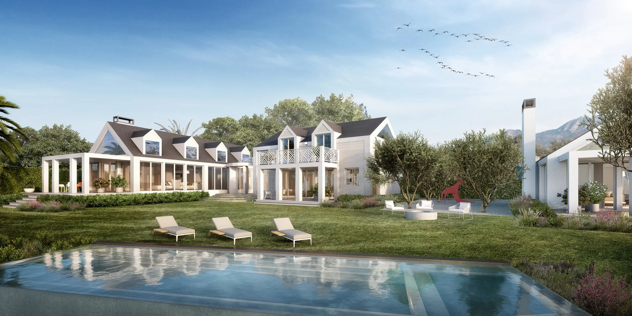 Modern luxury house with pool, lawn, and outdoor seating.