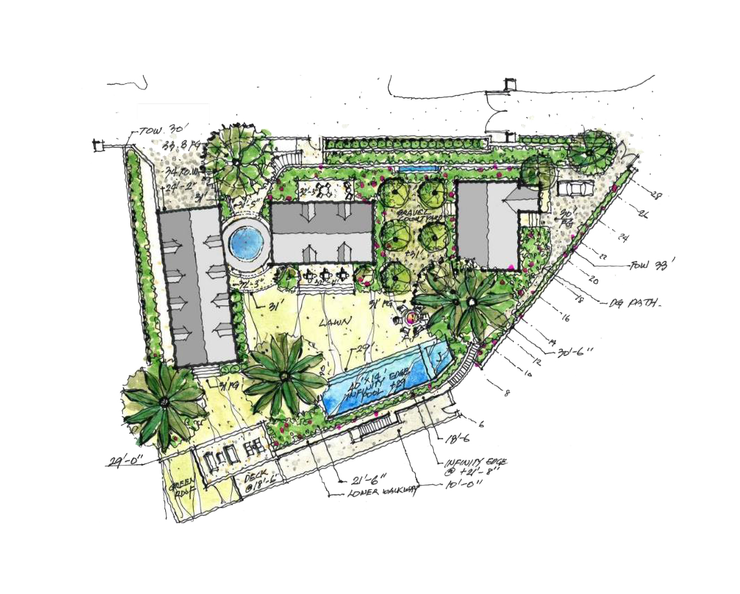Architectural site plan for the Edgecliff Residence project showcasing property layout with landscaping, pool, and building structure.